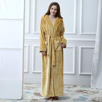 

Lovers Thermal Hooded Extra Long Flannel Bathrobe Women Men Thick Warm Winter Kimono Bath Robe