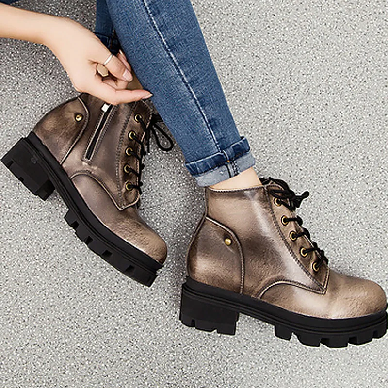

Luxuy band women ankle boots 2019 winter superstar style round toe genuine leather boots platform wedges moto boots