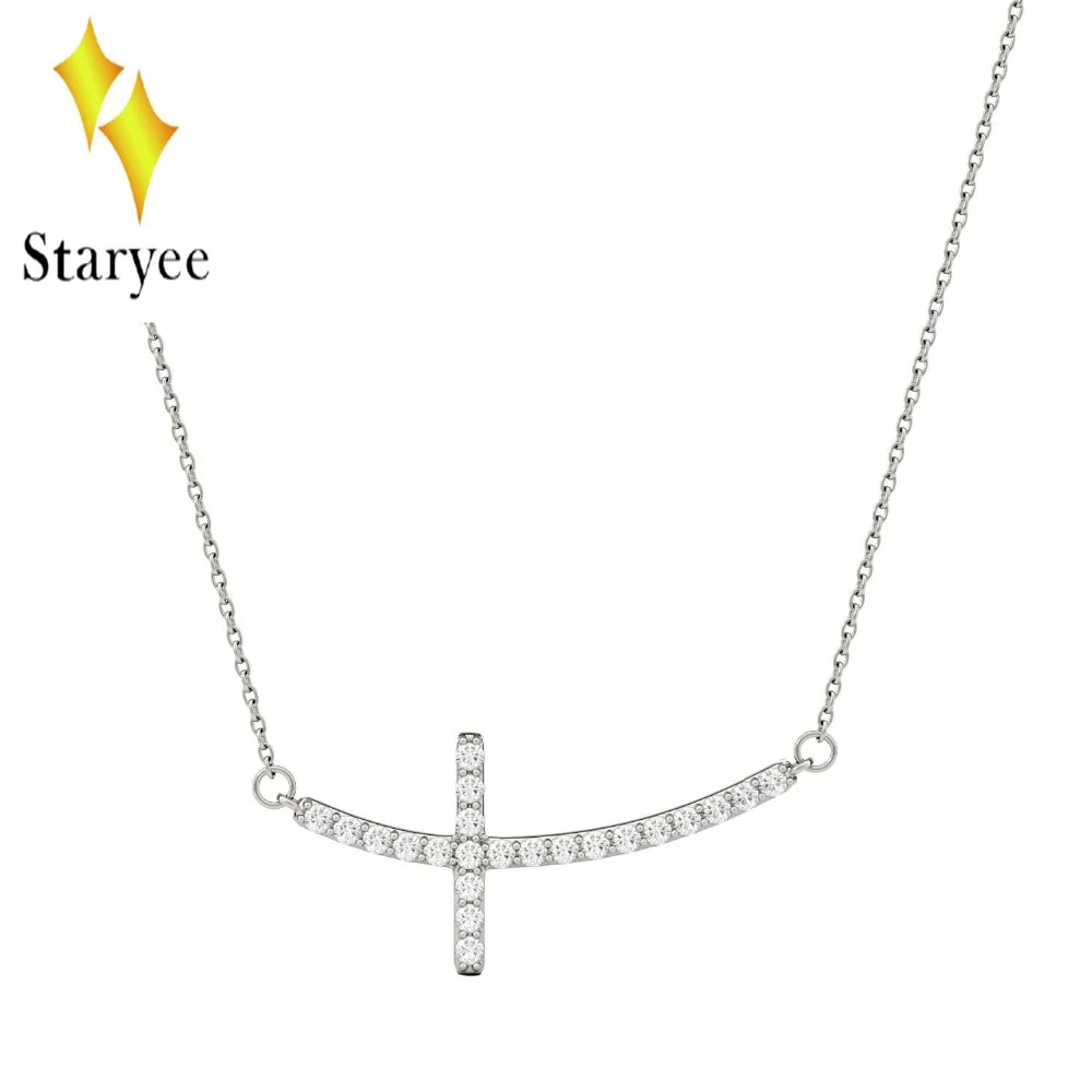 

18K Solid 750 White Gold Moissanite Curved Cross Pendant Lab Grown Moissanite Diamond Necklace Chain for Women Party Jewelry