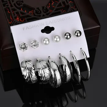 

Modyle 6 Pairs/set Trendy Female Rhinestone Crystal Stud Earrings For Women Gold Circle Earring Set Mix Punk Style Jewelry