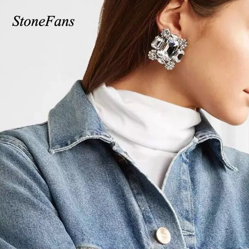 StoneFans New Square Clip Earrings no Hole Wedding Jewelry Women Large Clear Crystal Rhinestone Clip on Earrings Ear Women