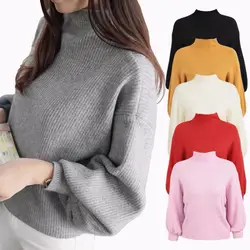 Новый фонарь рукава свитер женщин пуловер свободные сплошной цвет half-водолазка bat свитер