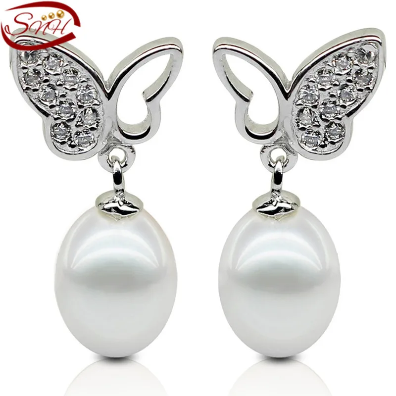 

SNH real natural pearl earring lovely butterfly 100% sterling silver pearl earring with fres shipping