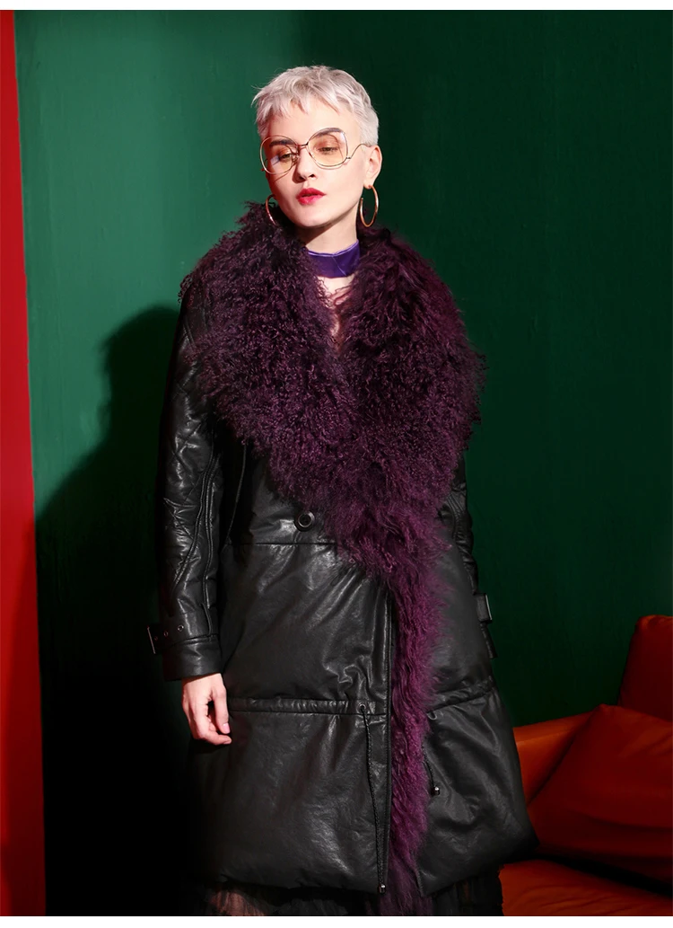 Женская зимняя куртка из овчины с натуральным мехом, розовая куртка из меха ягненка, пуховик из натуральной кожи, мягкий длинный дизайн NPI 90114B