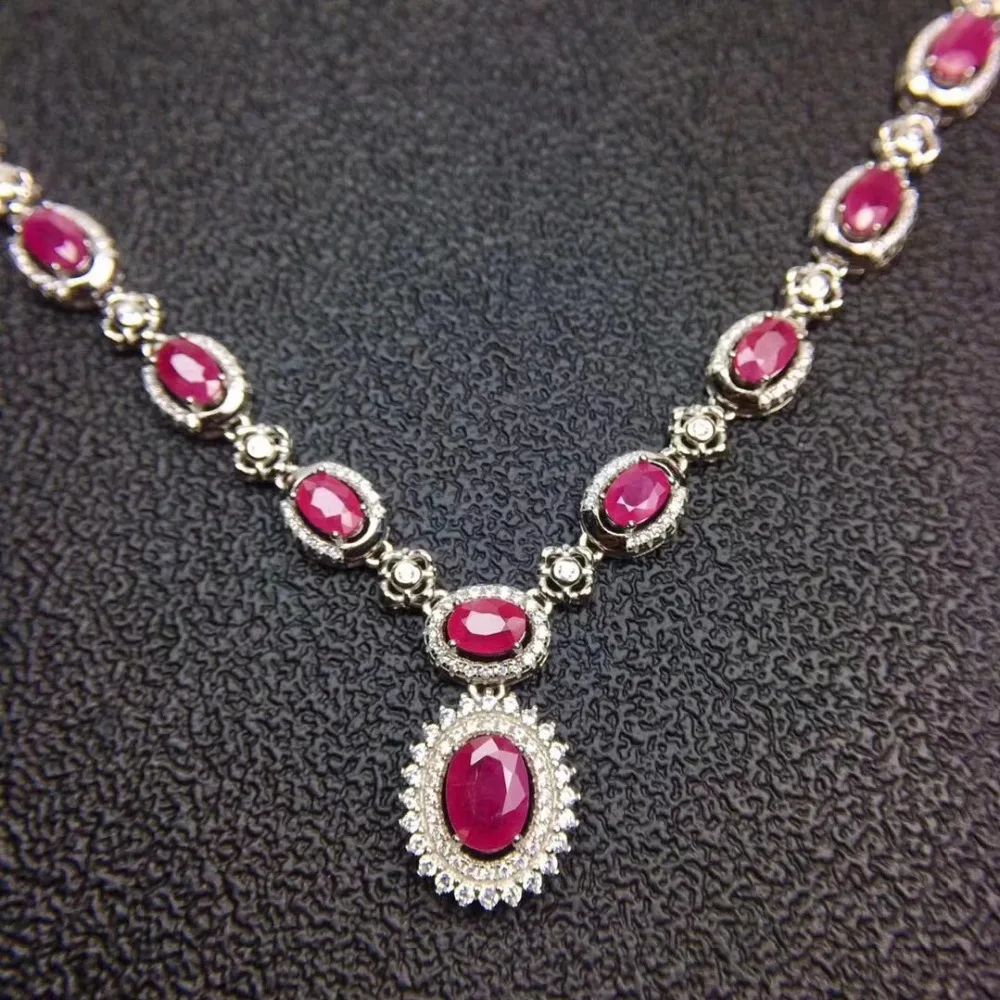 Fashion Diana round Natural red ruby gem Pendant necklace S925 silver