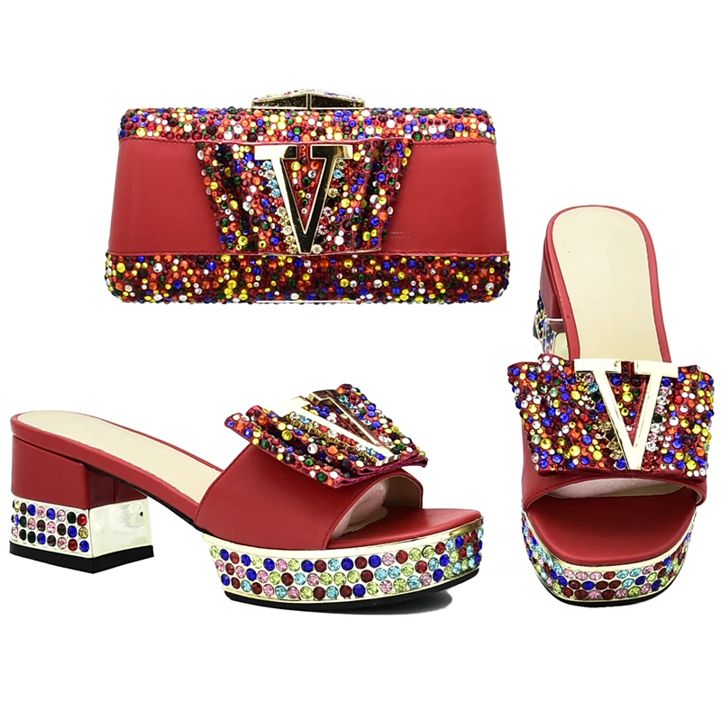 

Latest Design African Wedding Shoes and Bag Set Decorated with Rhinestone Ladies Shoes with Matching Bags Set Womens Shoes Heels