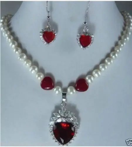 

FREE shipping>Beautiful! red heart crystal pendant pearl Necklace earrings women's jewelry Set