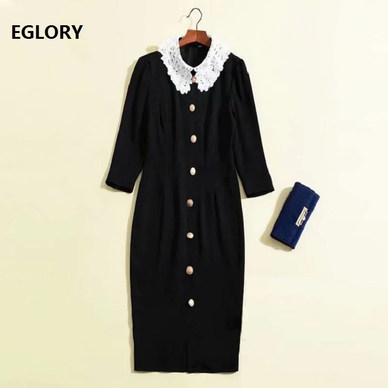 

New Korean Fashion Style Dress 2019 Spring Fashion Ladies White Lace Peter Pan Collar Single Breasted Bodycon Sheath Dress OL