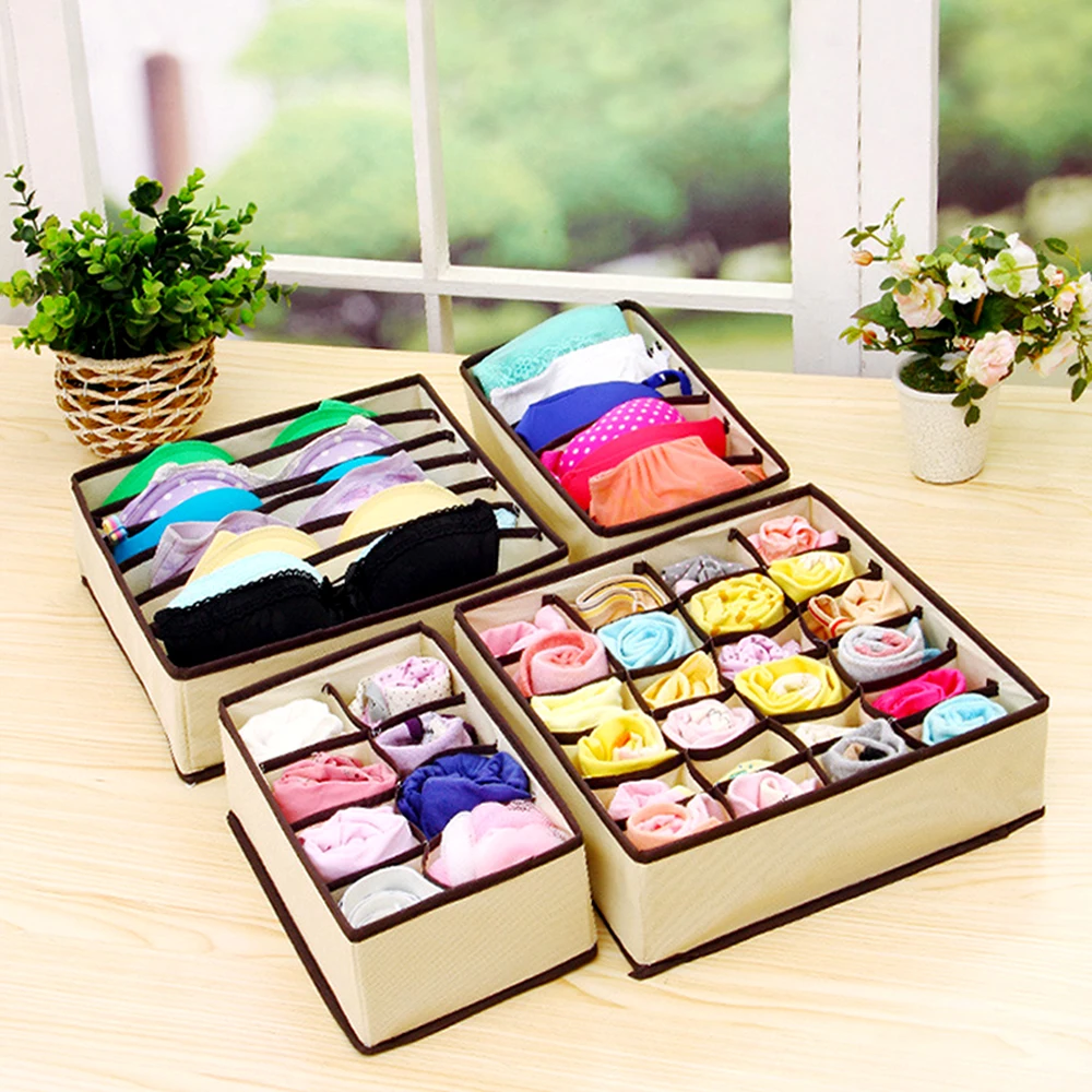 4PCS Solid Color Fabric Socks Storage Box Drawer Organizers Clothing Wardrobe Storage