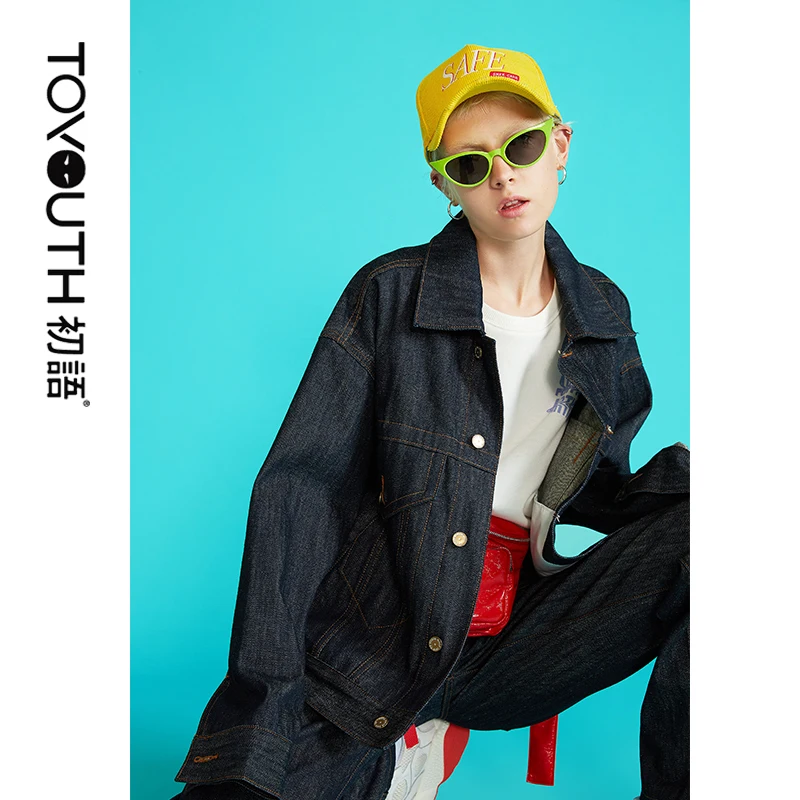 

Toyouth Autumn Loose Black Women Jeans Jackets Button Korean Solid Denim Coat Long Sleeve Coats Casacas Para Mujer