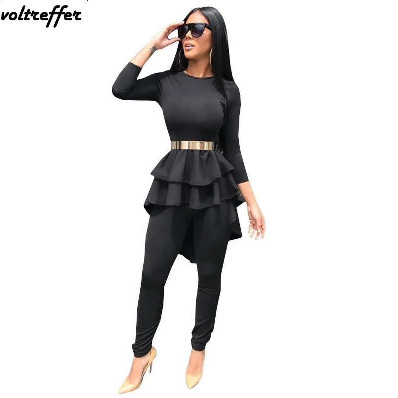 

Asymmetrical Tops Ruffles Cloak Peplum Black Bodycon Outfits 2018 Fall 2 Piece Set Women Sexy Casual Sweat Suit Pants Suits Slim