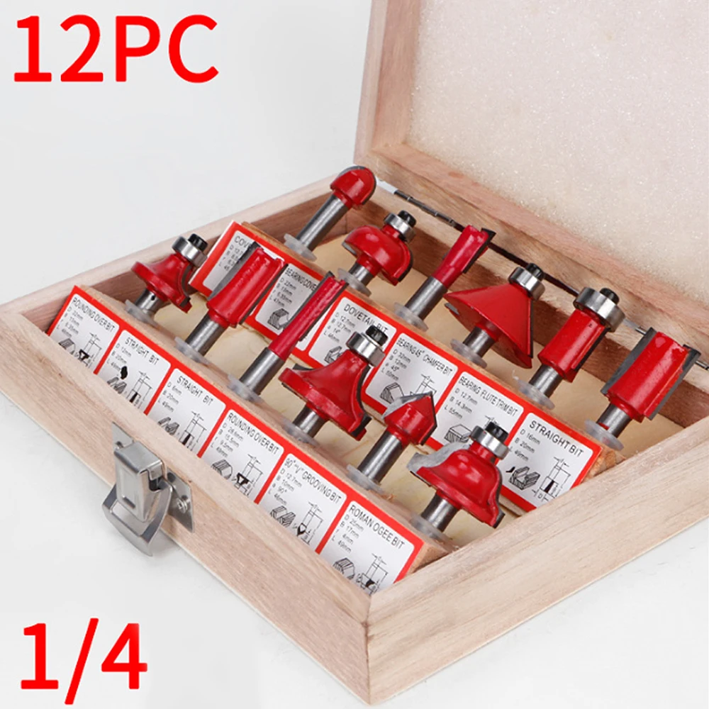12pcs/set 1/4 Inch Electric Woodworking Milling Engraving Machine Multifunction Woodworking Router Bit Cutter Rotary Tools Set