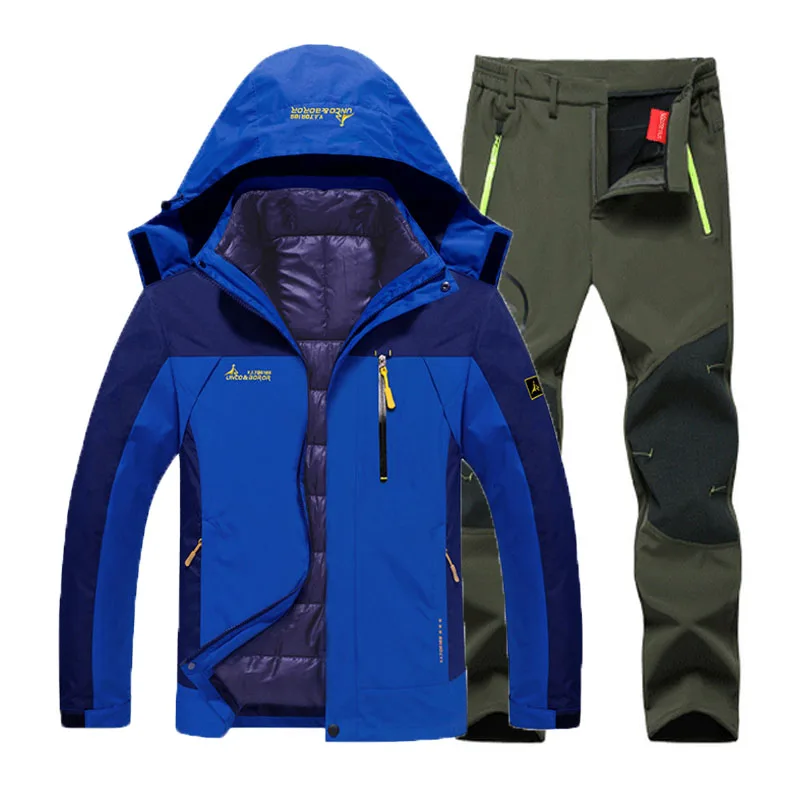 Blue Army Green set Мужские зимние водонепроницаемые рыболовные термо брюки размера плюс походные лыжные альпинистские куртки 3 в 1 комплект 6XL костюм - Цвет: Blue Army Green set