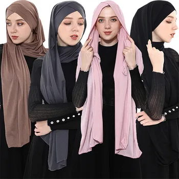 

2019 New Fashion Women Jersey Scarf Shawls and Wraps Plain Hijab femme musulman Islamic foulard Ready To Wear Muslim Headscarf