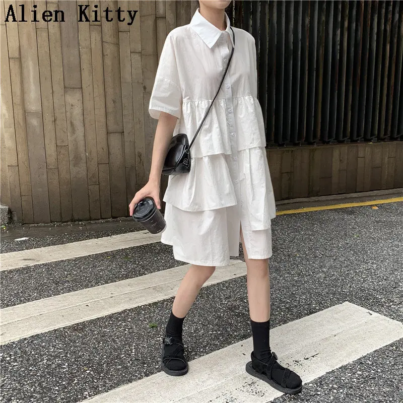 

Alien Kitty Sweet Summer Patchwork Brief Short-Sleeved Loose New Design High Waist Fresh Casual All-Match Short Dress 2 Colors