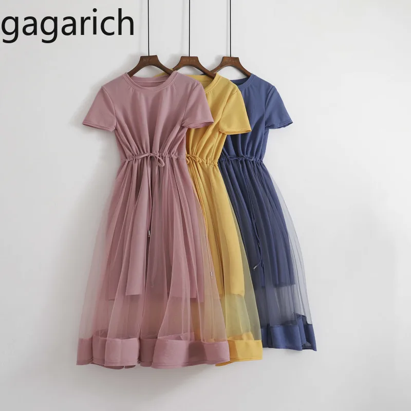 Gagarich женское элегантное платье с коротким рукавом и круглым вырезом, однотонное Сетчатое платье миди, летнее ТРАПЕЦИЕВИДНОЕ женское платье