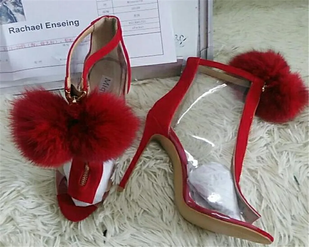 Rouge D'été Vente Pvc De Boule Talons Haute Mode Pompes Ouvert Femmes Chaussures Laine Peep Décoration Zippée Chaude Toe Transparent FwFqPf
