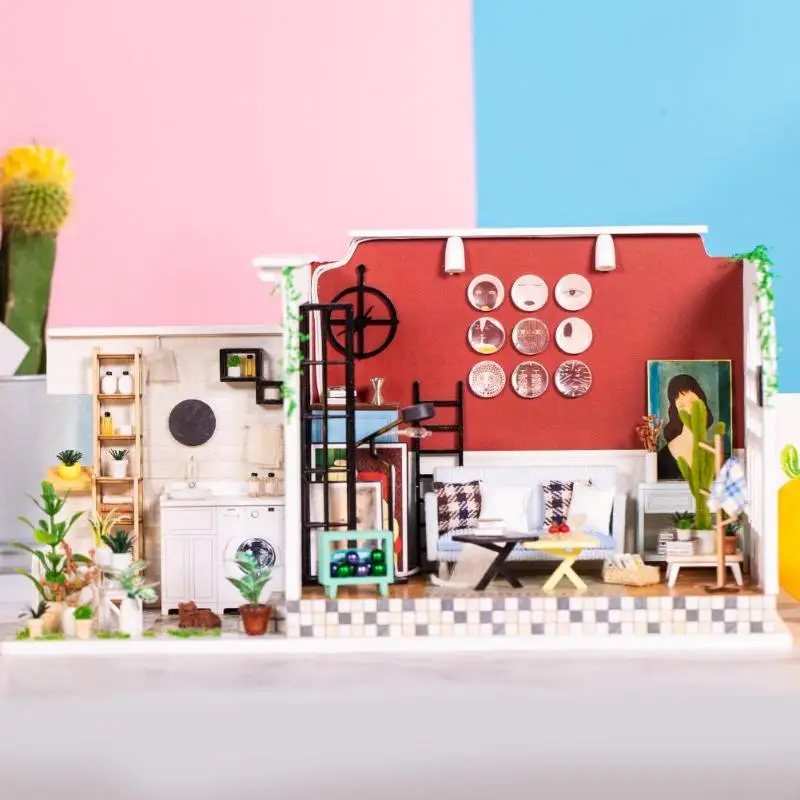 

Baby 3D Wooden DIY Doll House Miniature Furniture Kit with Dust Cover Handmade Assembly Model House Educational Toy Gift