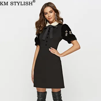 

2019 Early Spring New Women's Diamonds Bees Puff Short Sleeve Bow Black Vintage Dress
