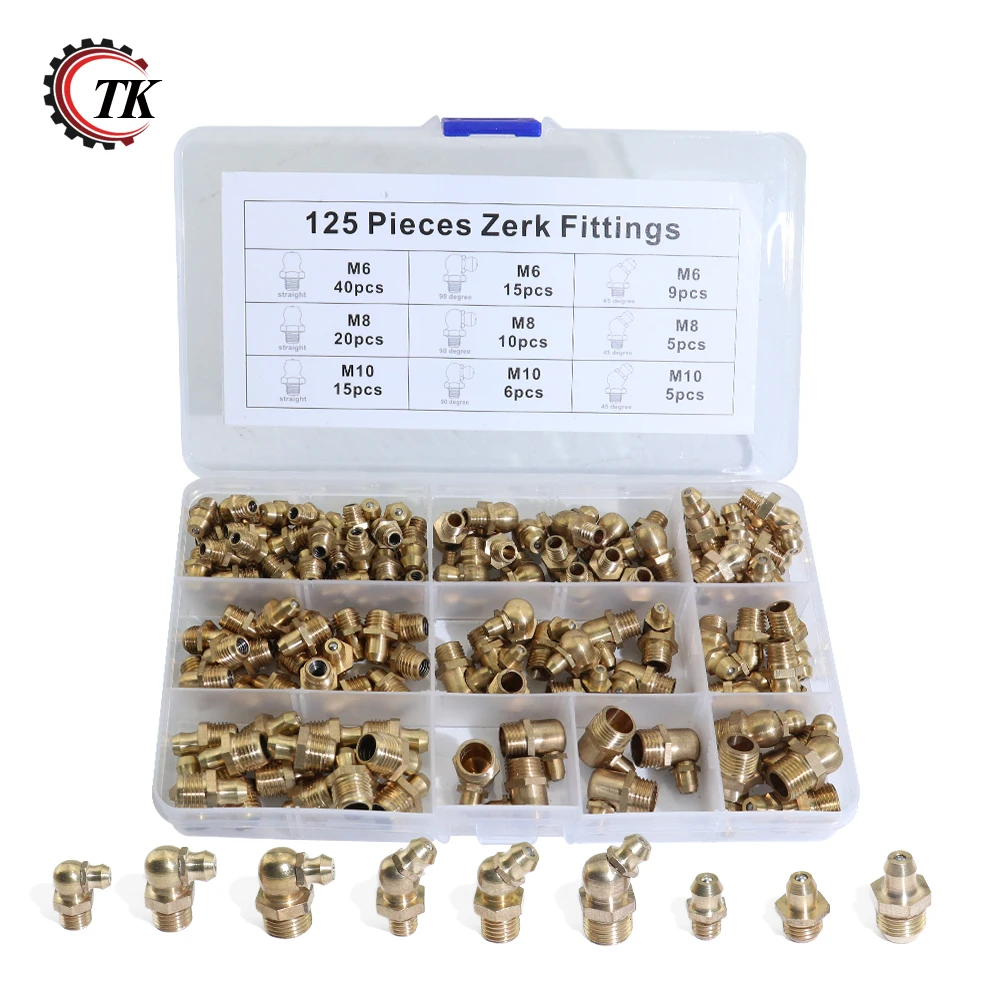 125pcs Brass Zerk Grease Nipple Fitting Assortment Kits(M6/M8/M10)in