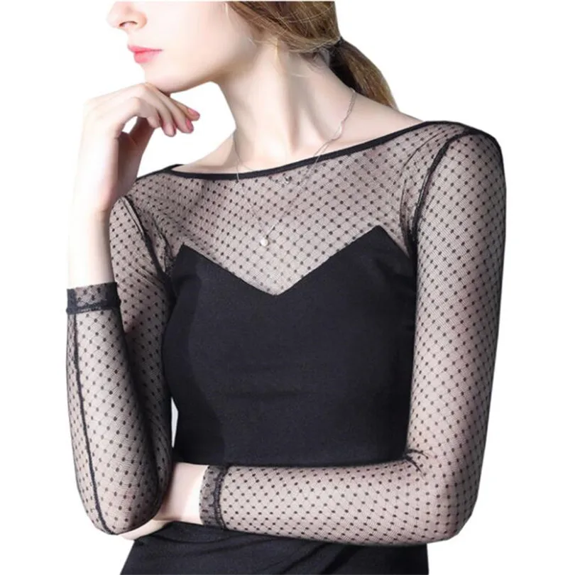 

VISNXGI Sexy Transparent Mesh Blouse Shirts Women Tops Blusas Long Sleeve Blouse Chemise Femme Casual Dot Shirt Feminine Blusa
