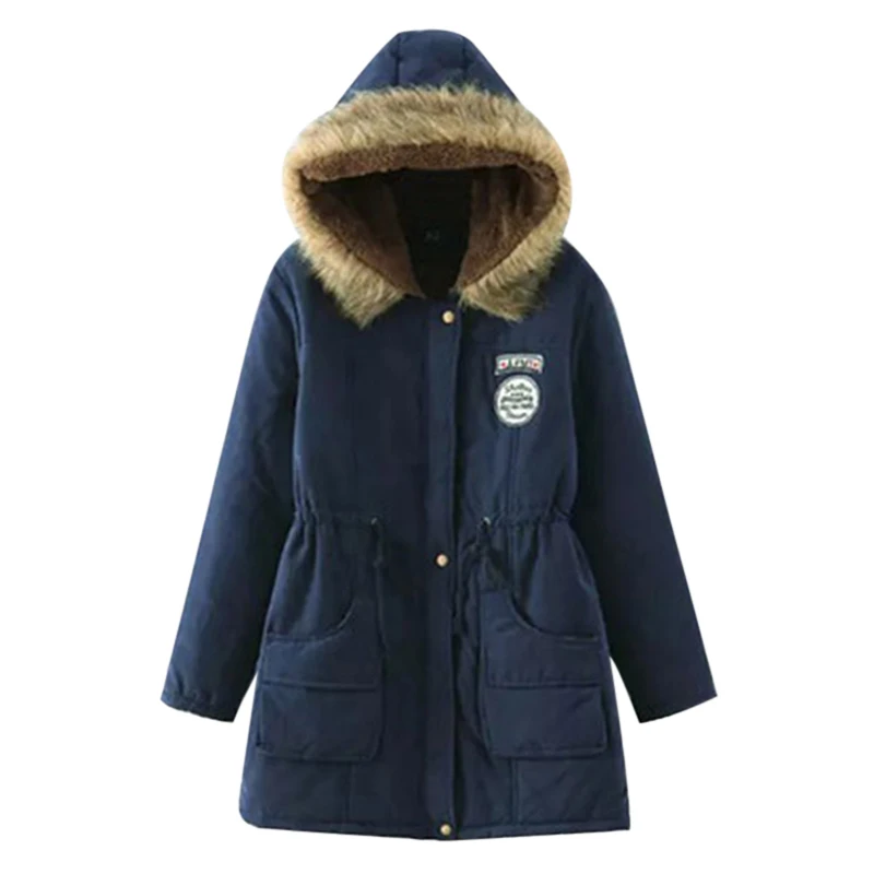 

Winter Warm Women Fur Collar Parkas Slim Zipper Parkas Wool Hat Belt Hoodie Thick Cotton-padded Outwear Long Female Snow Coat