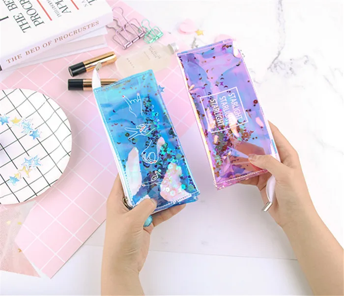 Fashion Harajuku Charms Zipper Hologram Metallic Color Sequin Transparent Laser Pencil Case Woman Cosmetics Makeup Bag Handbag (9)