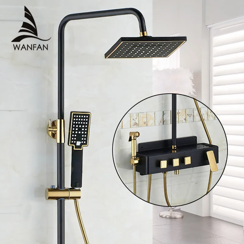 Shower Faucet Brass Black Wall Mounted Bathtub Faucet Rain Shower Head Square Handheld Slide Bar Bathroom Mixer Tap Set JP5036P Shower Faucet Brass Black Wall Mounted Bathtub Faucet Rain Shower Head Square Handheld Slide Bar Bathroom Mixer Tap Set JP5036P