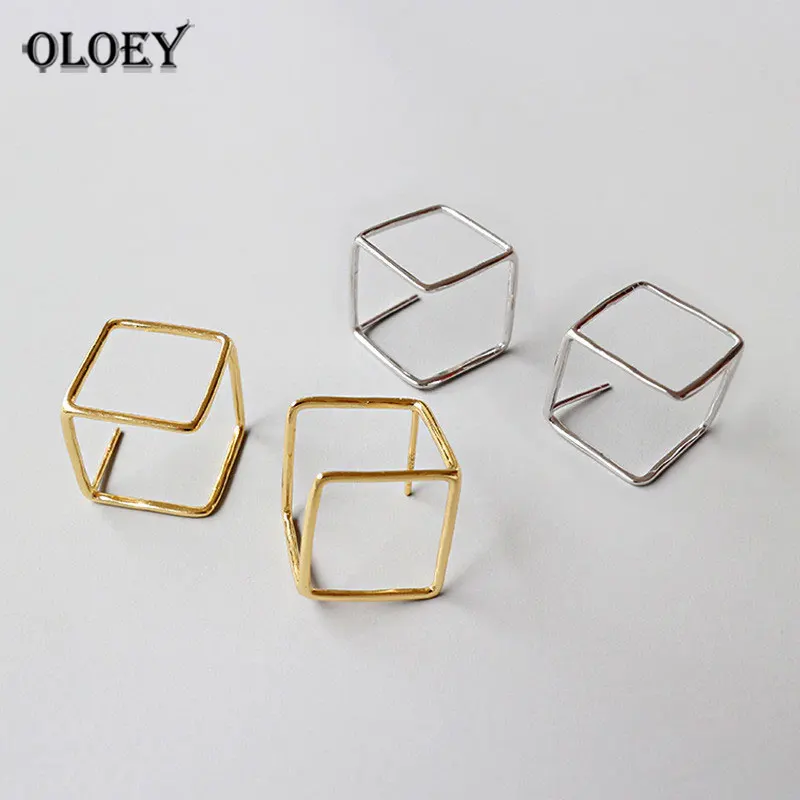 

YPAY 100% Real 925 Sterling Silver Stud Earrings for Women Korean Designer Geometric Hollow Square Earring Fine Jewelry YME294