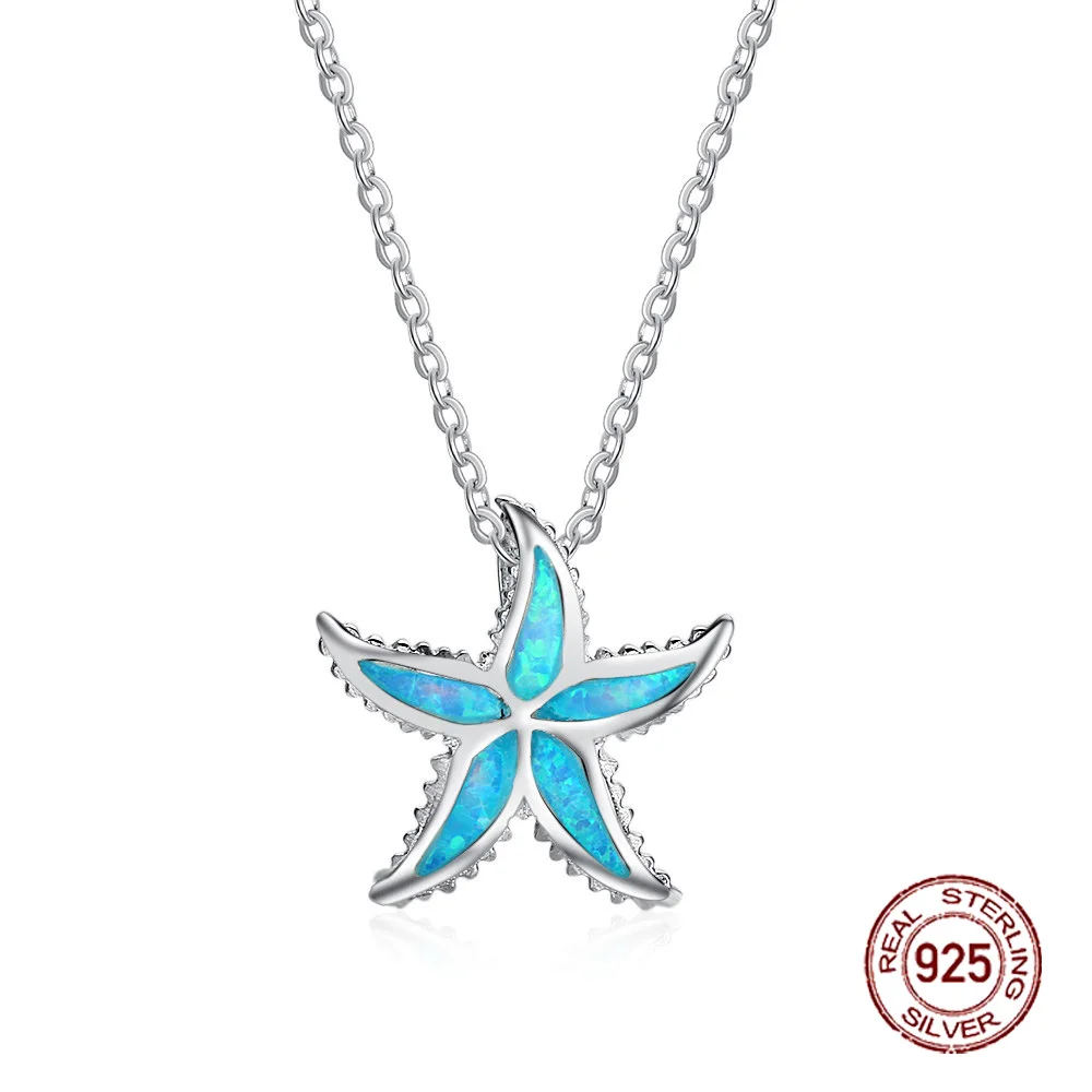 925 пробы серебристо-голубой опал ожерелье с подвеской Морская звезда океана ожерелья в виде животных украшения для Для женщин подарок для