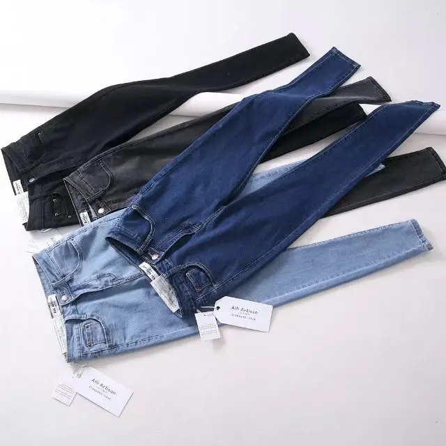 2018 Autumn Skinny Denim Jeans Female Blue High Waist Button Fly Casual Women Plain Long Pencil Pants |
