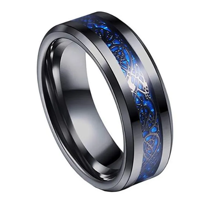 

Fashion Dragon Pattern 8mm Beveled Edges Rings Stainless Steel Jewelry Wedding Band Ring for Men 6-13