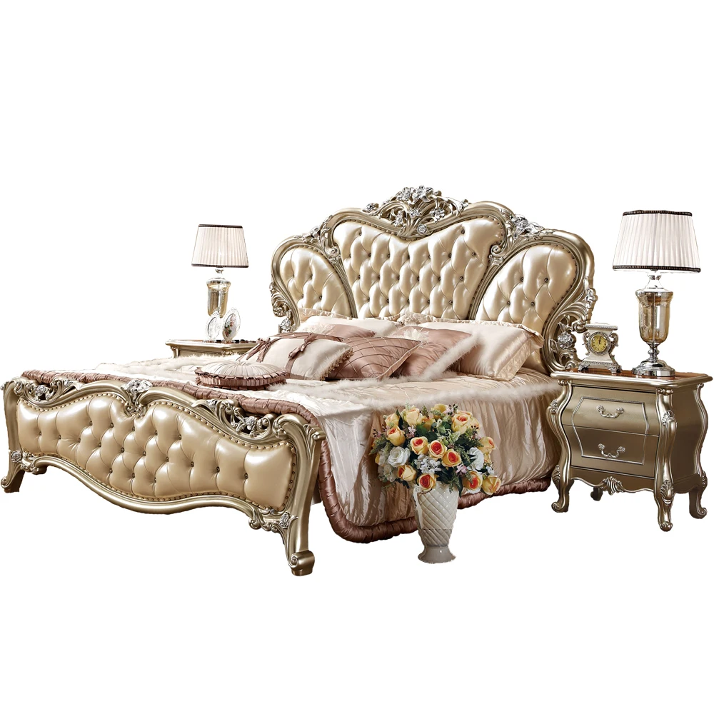 Elegant Europen leather beds princess classical bedroom furniture ,wood furniture bedin Bedroom