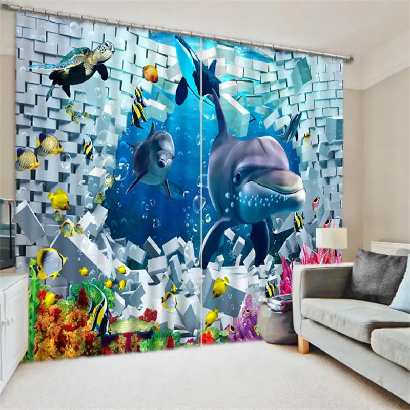 3d Scenery Curtains Bluesky Sea Beach Palm Tree Dolphin Penguin