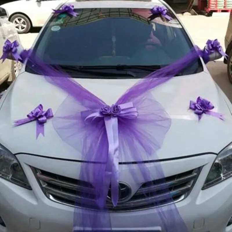 Wedding Decoration Car Flowers Artificial Organza Bow Rose Foam Flower Ribbon Wedding Decorative Garlands Set Wreath Table - Цвет: S1 Purple