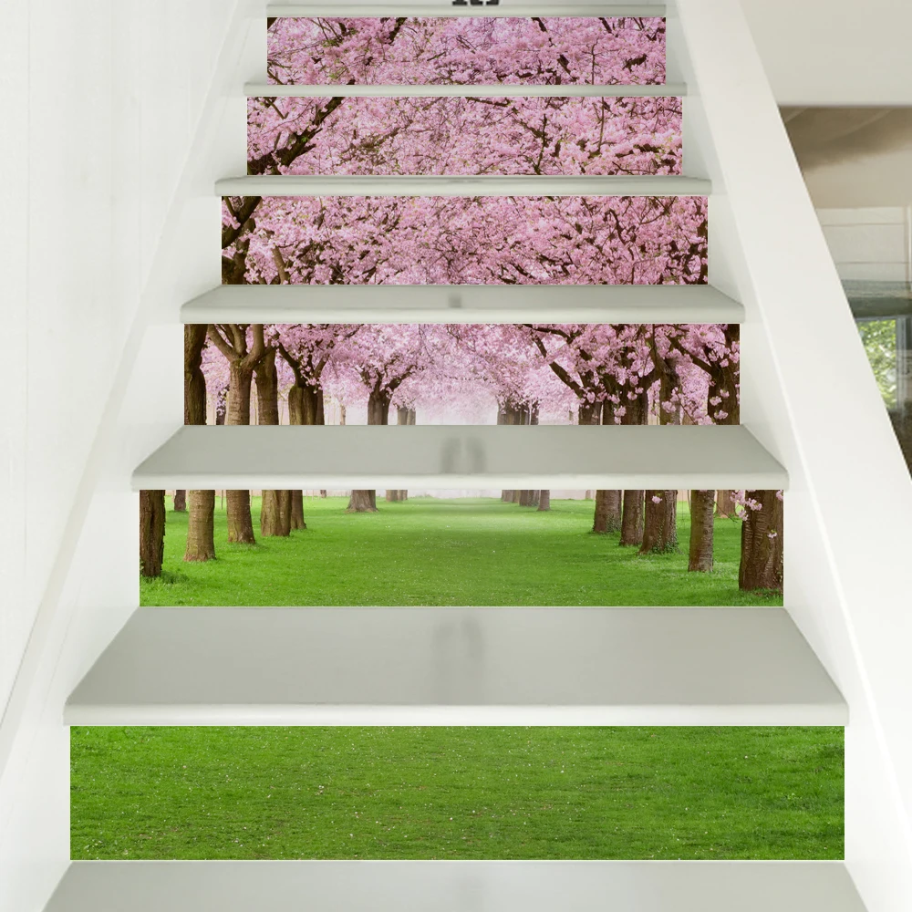 Sakura Stairway Wall Stickers Mural Stair Decal Colorful Design Green