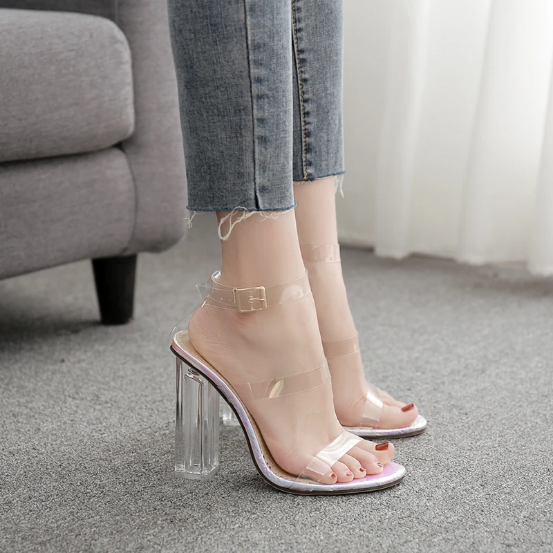 

Woman shoes Transparent Sandals crystal high heels clear slides peep toe buckle pumps Designer zapatos mujer plus size silver