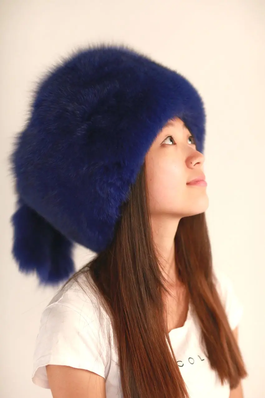 Бренд ленты лисий мех бомбардировщик Hat натуральный мех шляпа европейский и американский Стиль одноцветное Рисунок зима русский Шапки ER4021-9 - Цвет: Blue fox