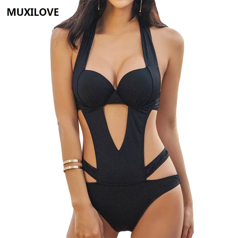

MUXILOVE Black Halter Cut Out Bandage Trikini Swim Bathing Suit Monokini Push Up Brazilian Swimwear Women One Piece Swimsuit