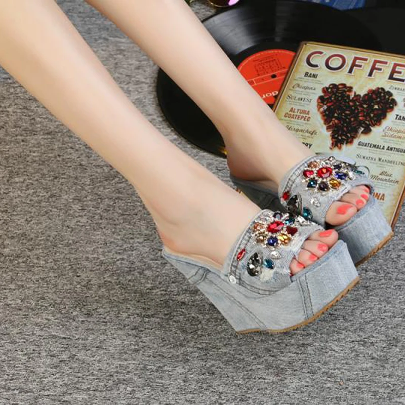 

Summer Girl's Multi Gem Rhinestone Flower Retro Grey Denim Wedge High Heels Slipper Sandals Platform Sole Crystal Cowboy Shoes