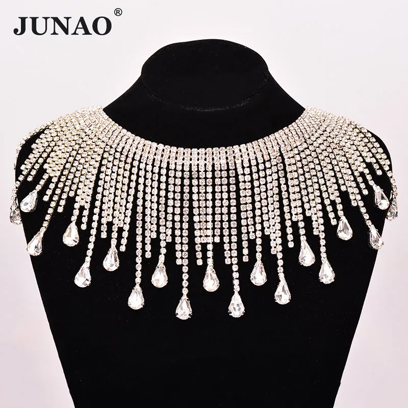 

JUNAO 45cm/lot Glitter Clear Glass Rhinestone Chain Trim Sewing Metal Tassel Fringe Crystal Applique Strass Ribbon Banding