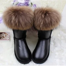 Winter Luxury Ultralarge Natural Fox Fur Snow Boots Genuine Leather Women Middle Calf Boots Real Fur Snow Boots Women’s Shoes
