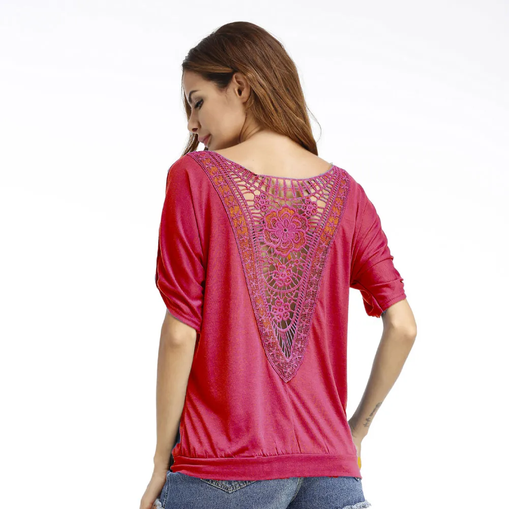 

New Arrival Women Summer Loose Short Sleeve Sexy Hollow Lace Back Casual Tops Plus Size 5XL