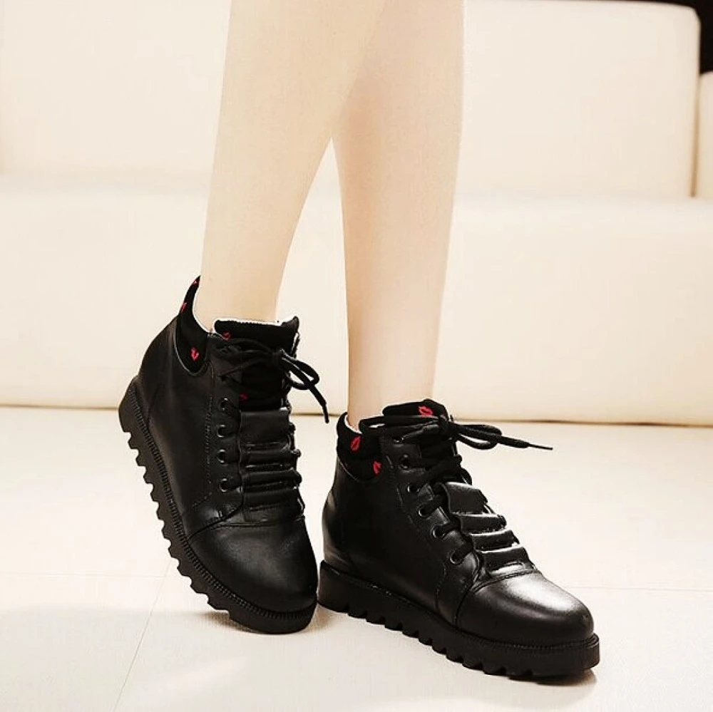 primavera mujer otoño botas de alta calidad de cuero de la Pu del frente del cordón de botas aumento de la altura botas bajas de los zapatos 35 40|shoe