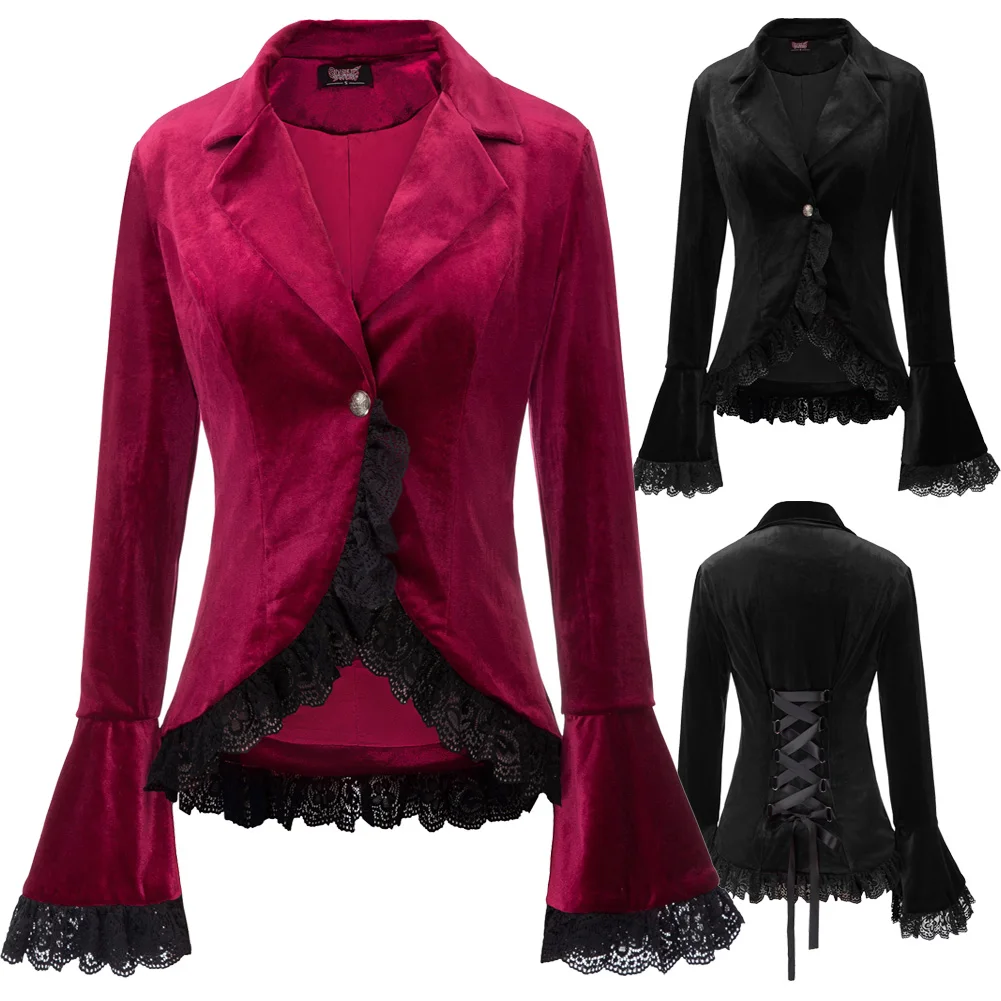 wonderful teampunk Theater Clothing Navy Womens Vintage Coat Tops Outerwear Gothic Victorian 2pcs Set Velvet