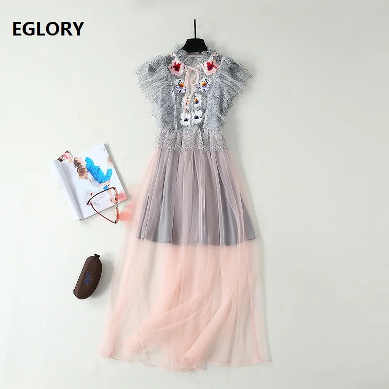 

Top Quality New 2019 Summer Evening Party Long Dress Women Crochet Lace Embroidery Sexy Sheer Mesh Patchwork Vintage Maxi Dress