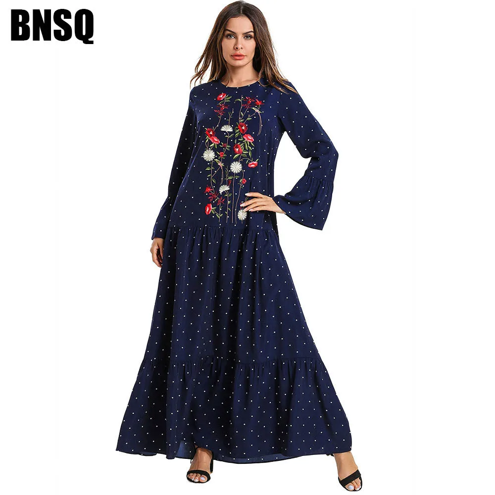 

Muslim Abaya Dot Print Embroidery Maxi Dress Trumpet Sleeve Kimono Long Robes Jubah Ramadan Middle East Arab Islamic Prayer