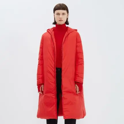 Светильник из плотной ткани, простой стиль, женский длинный пуховик, теплая куртка, большие размеры, парка с капюшоном, а-образное пальто, свободный S-7XL - Цвет: Красный