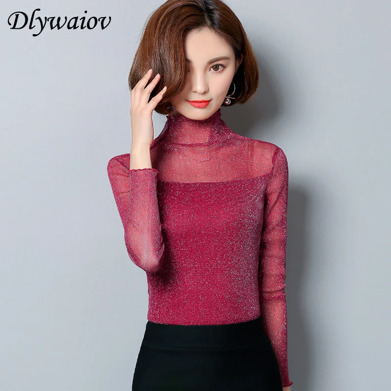 

Half Turtleneck Women Blouse 2019 spring Sexy Transparent Mesh Wild Bottoming Shirts Solid Plus Size Slim splice Female Tops