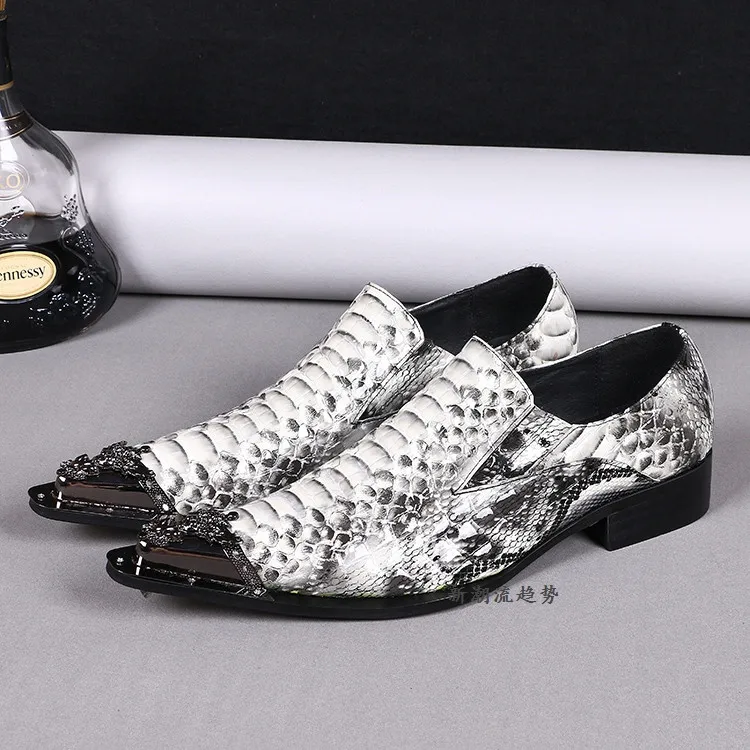 

Snake Skin Printed Mens Party Shoes Luxury Metal Toe Wedding Shoes Man Flats Genuine Leather Italian Mens Loafers BIG Size 38-46